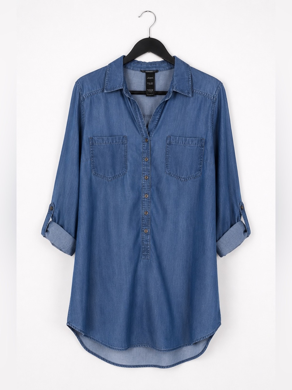 Olsen 100% Lyocell Chambray Tunic Shirt Dress Top | Roll Tab Sleeves | M - Picture 4 of 9